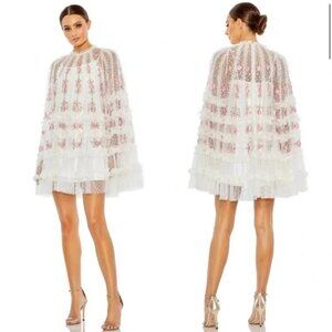 Mac Duggal White Mini Dress with Pink Embroidery